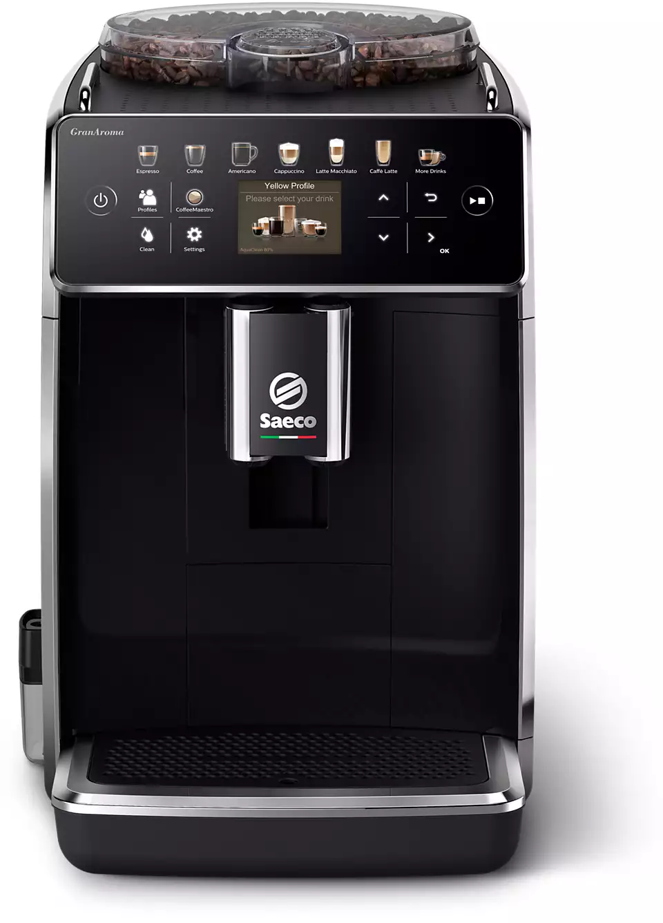 Egy fekete-ezüst Saeco eszpresszógép digitális képernyővel és a tetején babtartállyal.