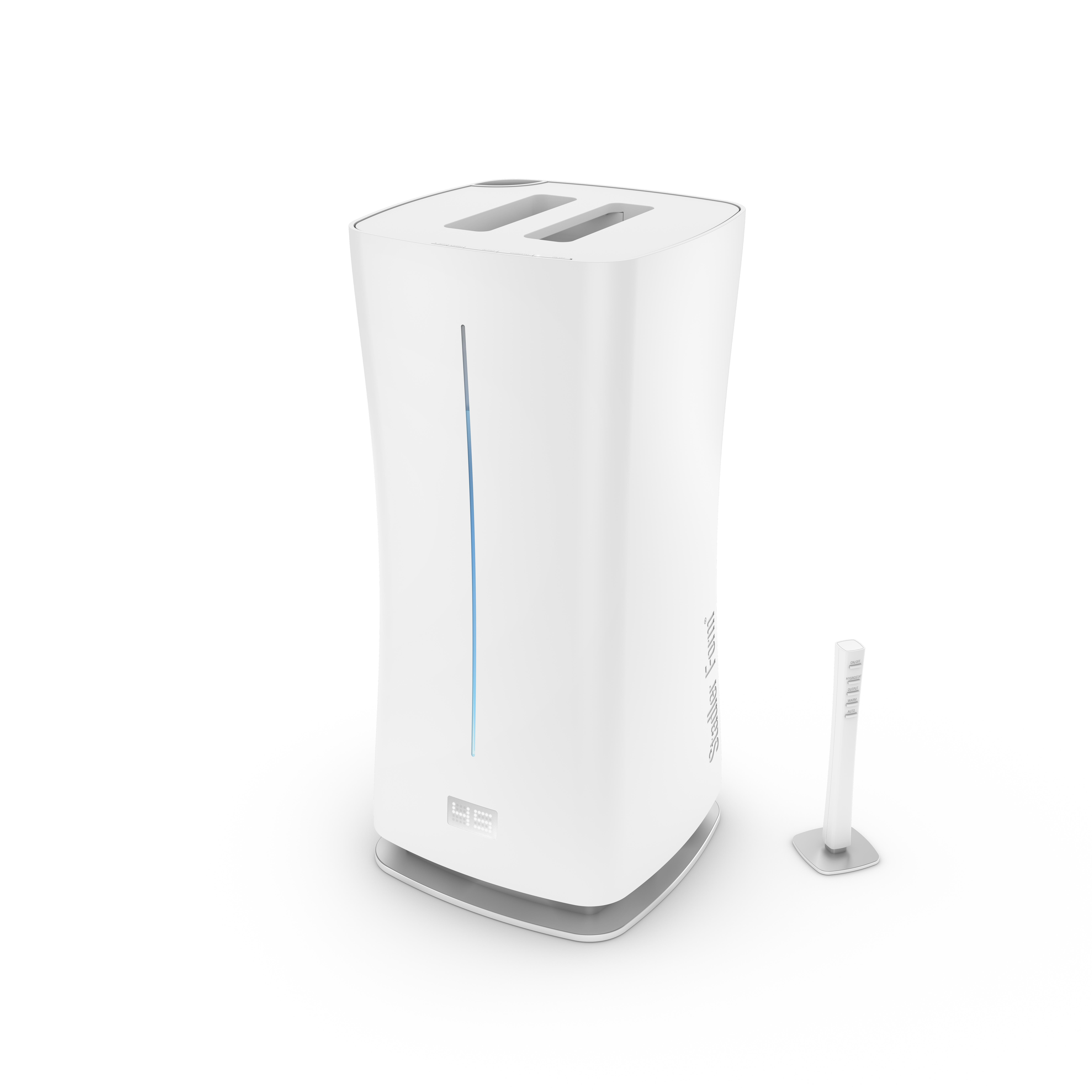 Weißer Toaster mit zwei Schlitzen und separatem, schlanken Bedienfeld. Modernes Design.