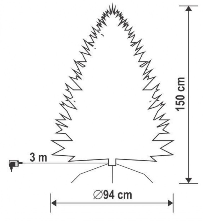 Karácsonyfa diagramja, méretekkel és tápkábellel.