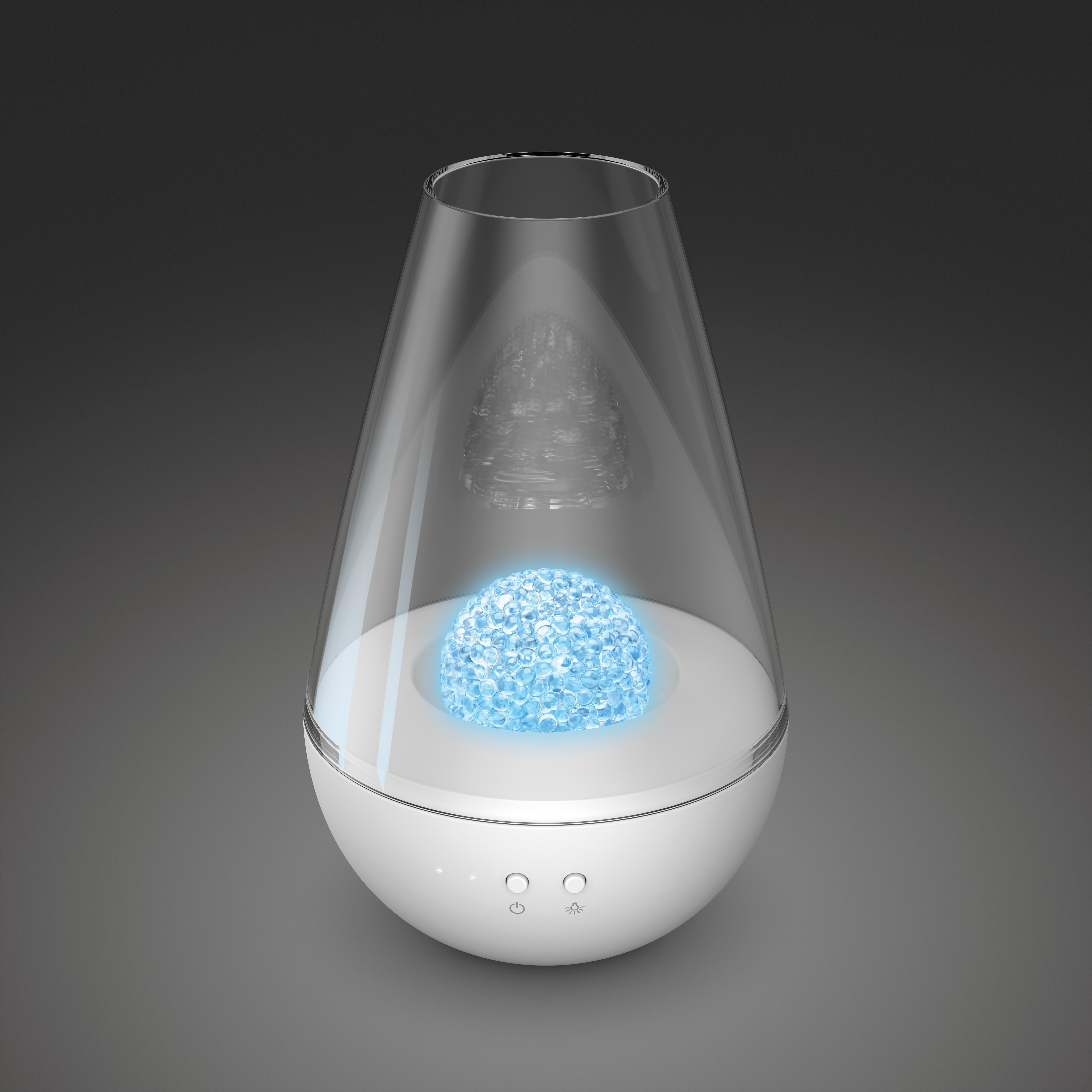 Weißer und durchsichtiger Glas-Diffusor für ätherische Öle mit blauem Licht.