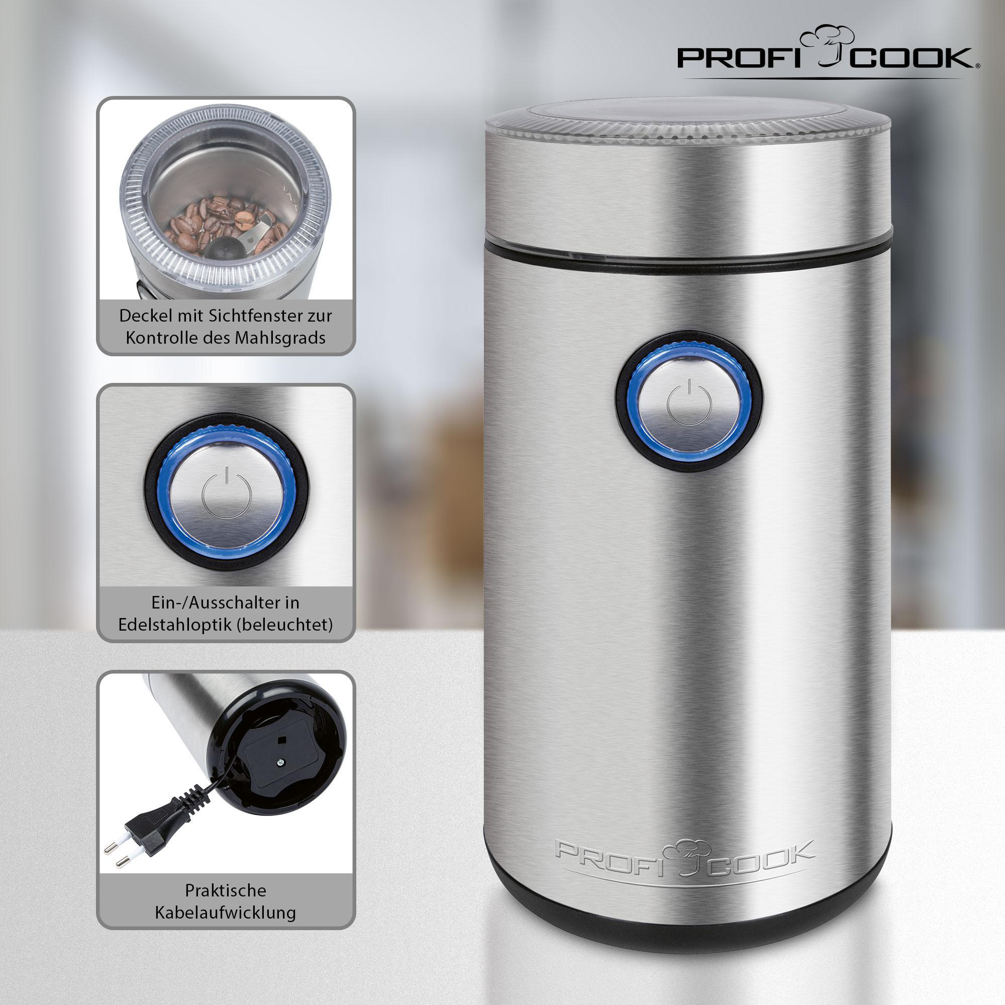 ProfiCook Kaffeemühle aus Edelstahl. Sie hat einen blauen Knopf und einen transparenten Deckel.
