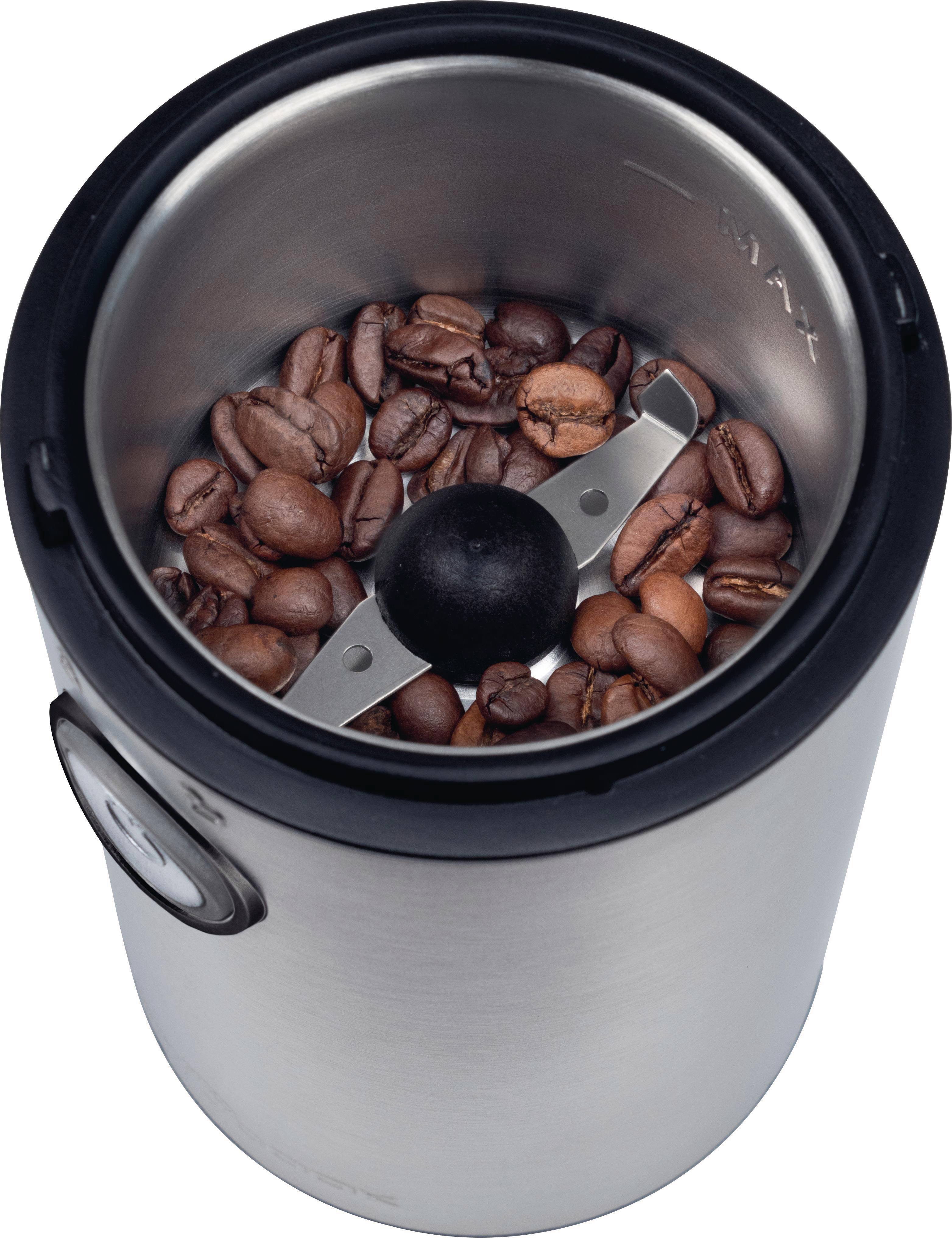 Eine Kaffeemühle mit Kaffeebohnen von oben gesehen.