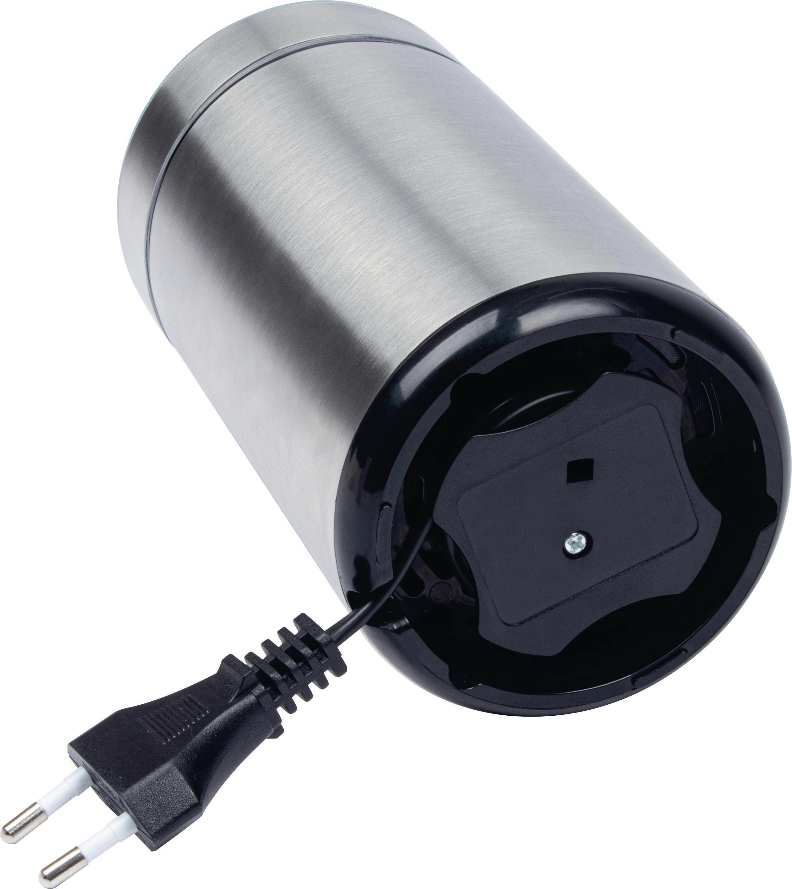 Eine silberne und schwarze Kaffeemühle mit schwarzem Netzkabel und Stecker.
