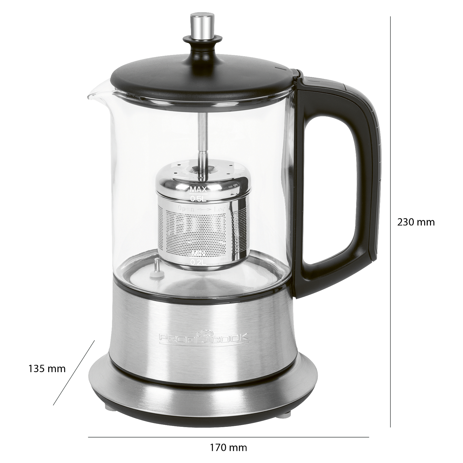 Ein Glas-Teebereiter mit schwarzem Deckel und Griff, Edelstahlbasis und angegebenen Abmessungen.