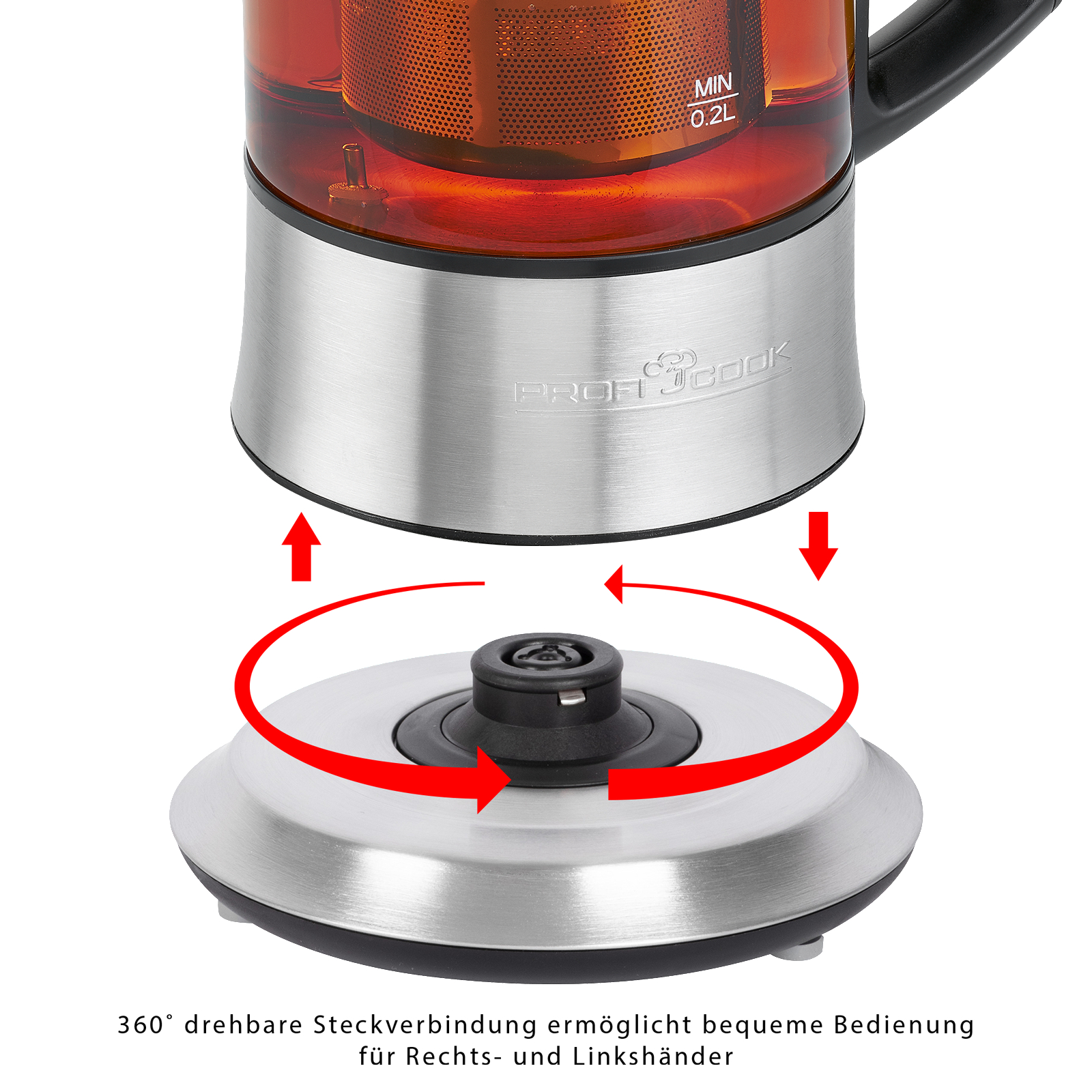 Nahaufnahme eines Glasteekessels mit Edelstahlfuß, der roten Tee enthält.