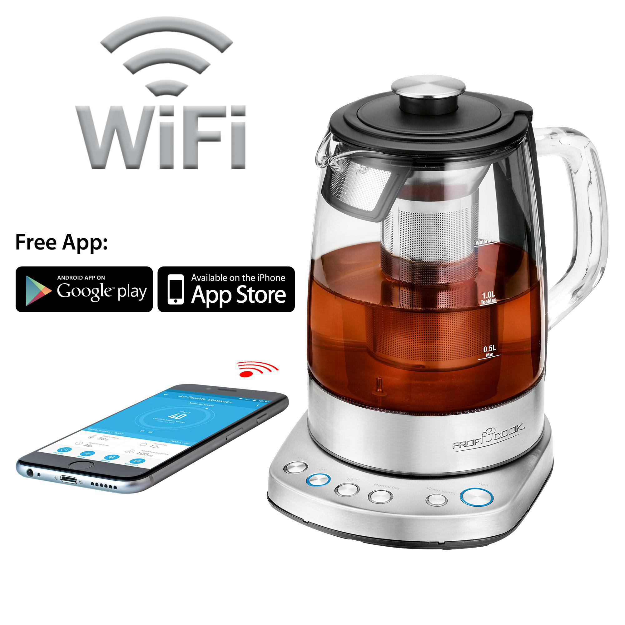 Ein WLAN-Smart-Kessel mit Telefon, App und Glaskanne mit Tee darin.