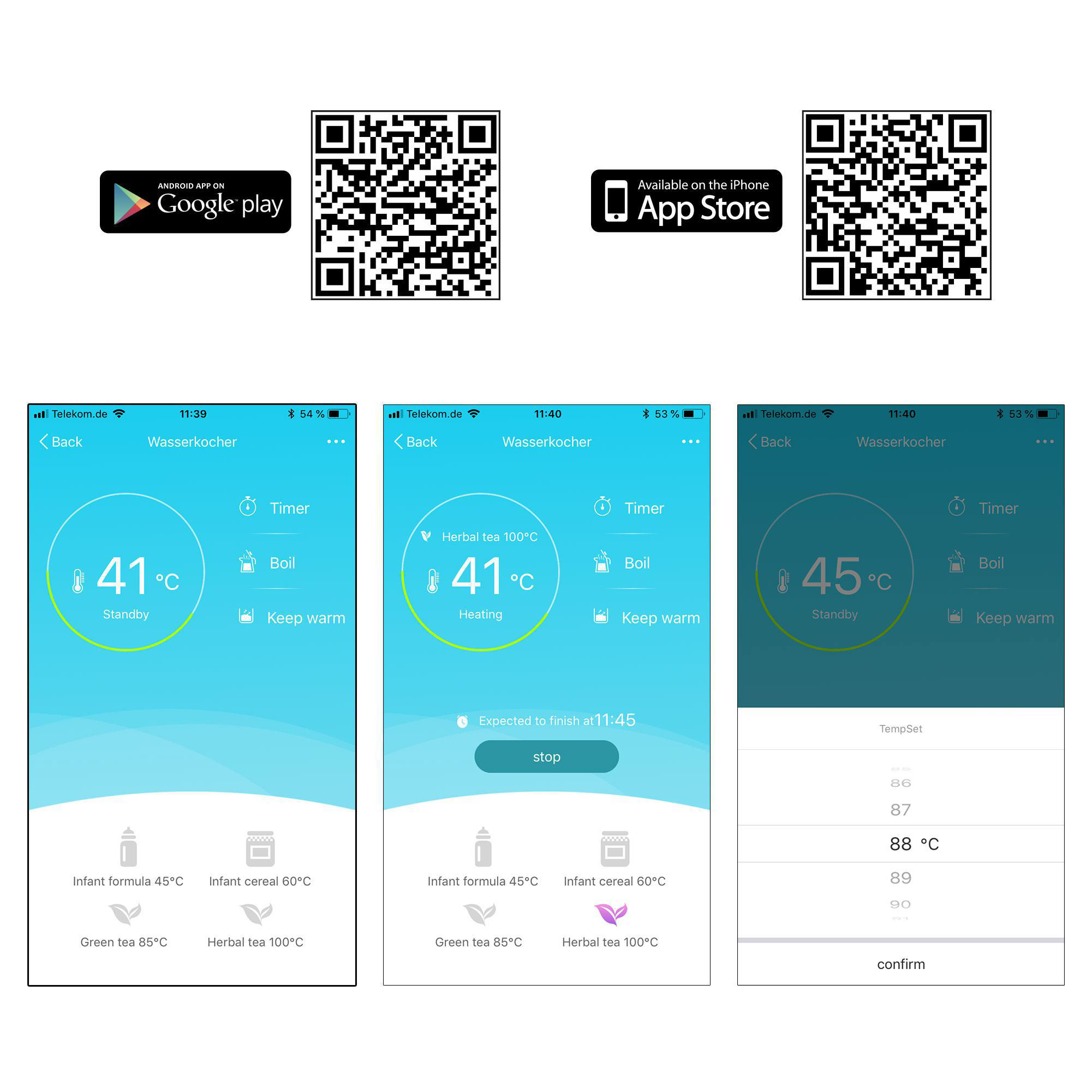 Screenshots einer Smartphone-App für einen Wasserkocher. Zeigt Temperatur und Einstellungen.
