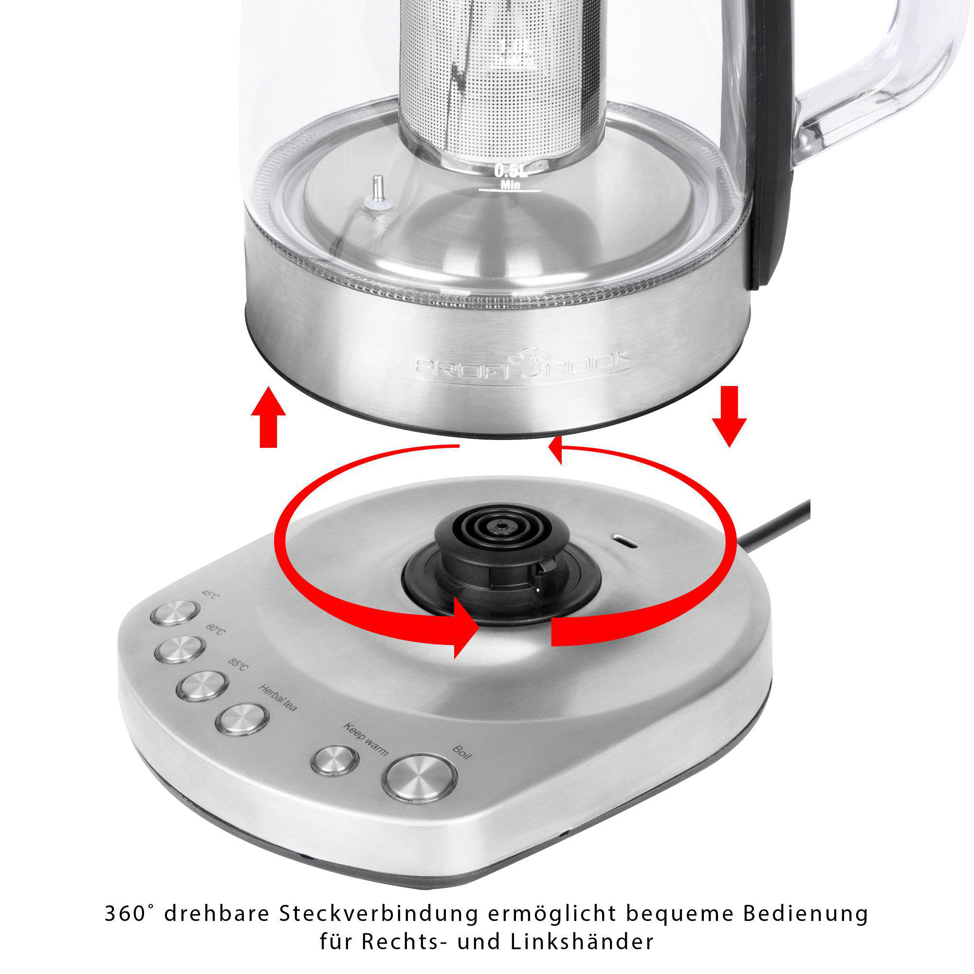 Teekessel Basis und Oberteil. Pfeile zeigen, dass sich der obere Teil auf der Basis dreht. Edelstahl.