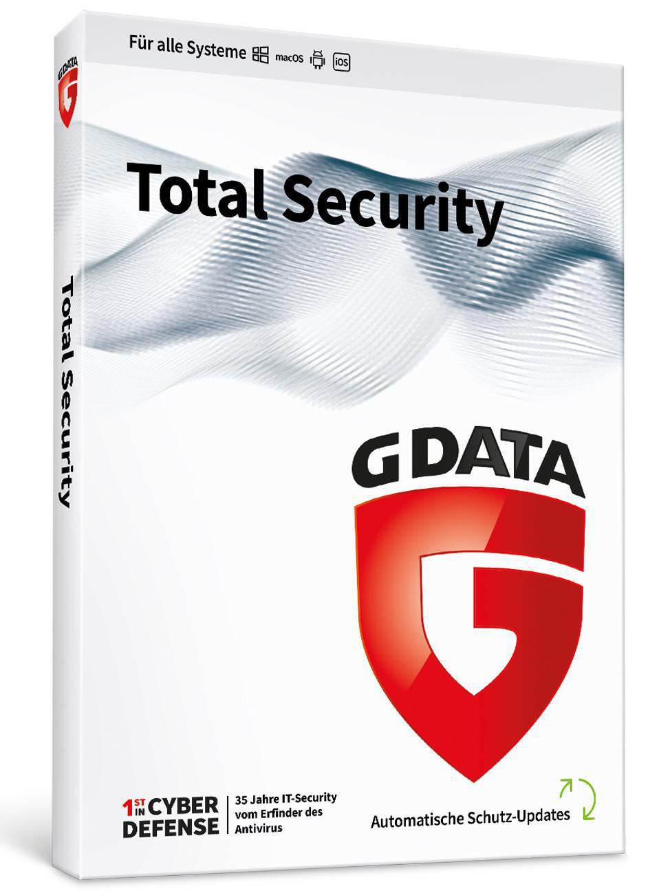 G DATA Total Security Box. Rotes Schild-Logo. Weißer Hintergrund. Text: G DATA.