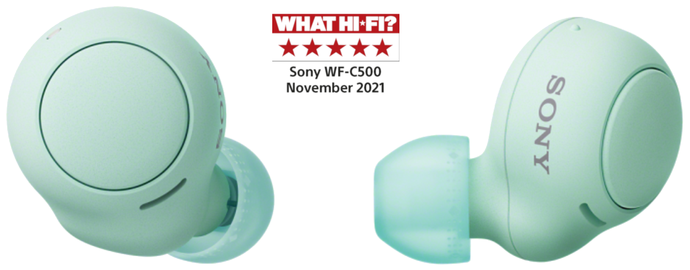 Deux écouteurs sans fil vert clair, texte de revue : What Hi-Fi ? avec 4 étoiles.