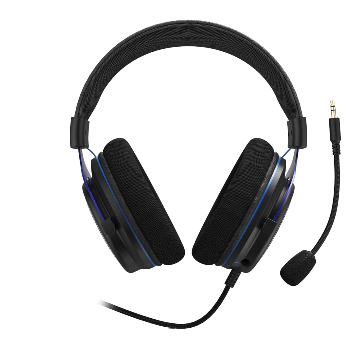 Fekete headset mikrofonnal, fülkagylókkal és fejpánttal, kék díszítéssel.
