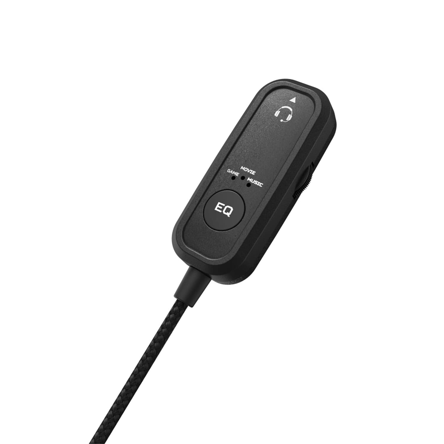 Fekete audio vezérlő EQ-val és fejhallgató ikonnal, vezetékes. A háttér fehér.