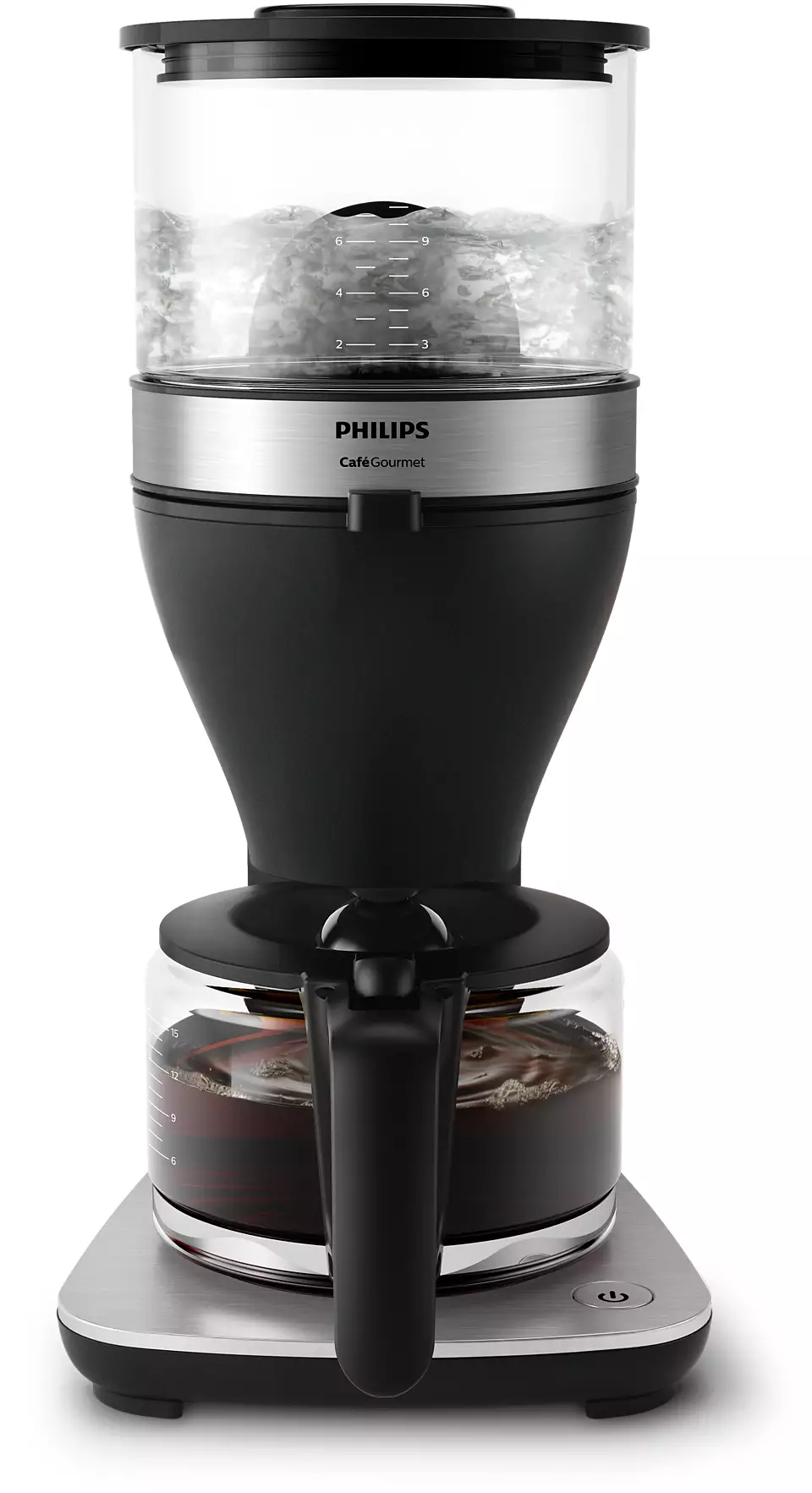 Black and silver Philips coffee maker. Upper chamber holds water. Carafe at the bottom, with coffee.