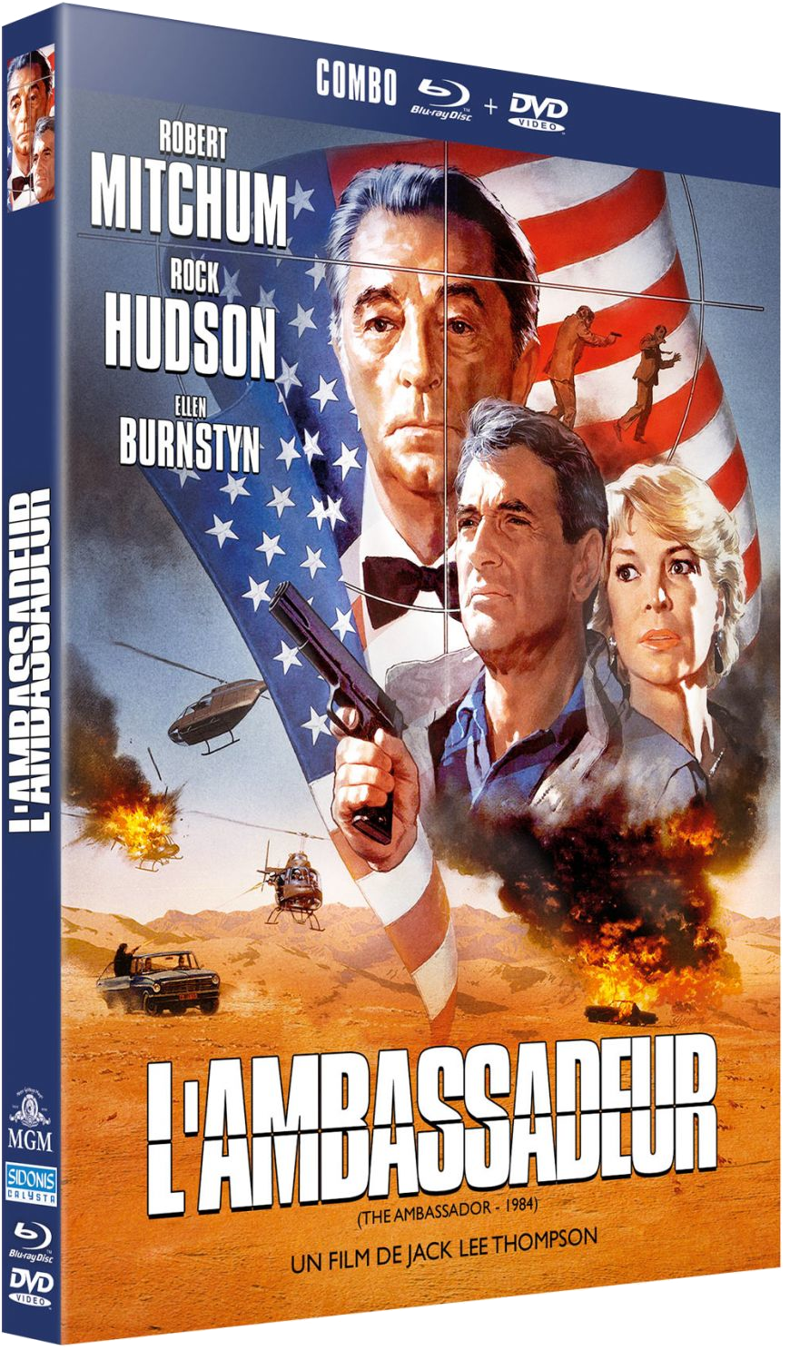 Filmposter met Robert Mitchum. Amerikaanse vlag en explosies op de achtergrond.