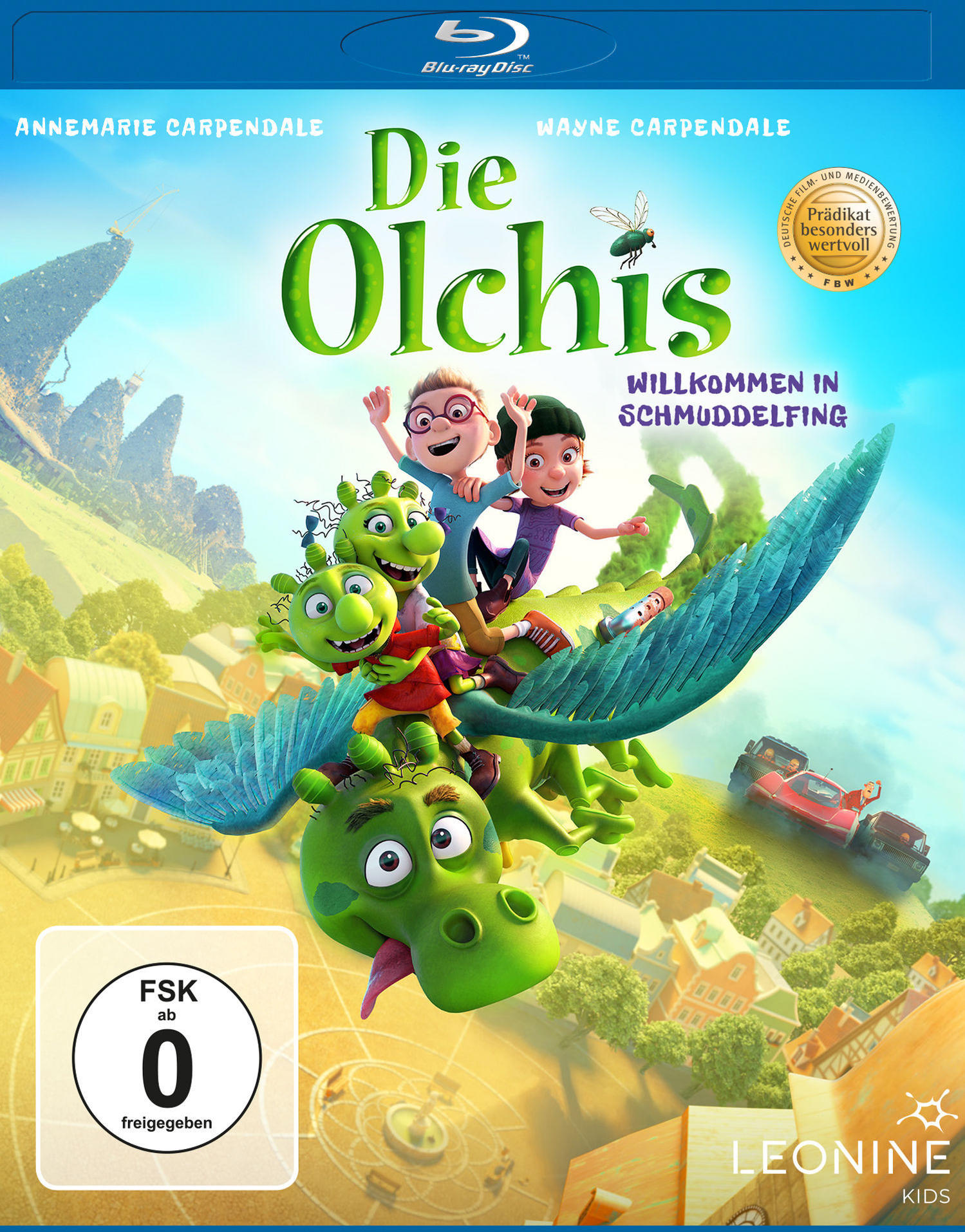 Filmcover. Cartoon von drei Kindern, die einen grünen Drachen reiten, mit einer Stadt und deutschem Text.
