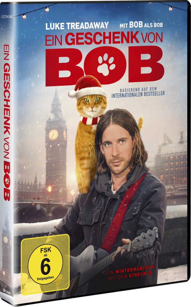 Filmcover mit Mann, Katze und Big Ben im Hintergrund. Titel: Ein Geschenk von Bob.