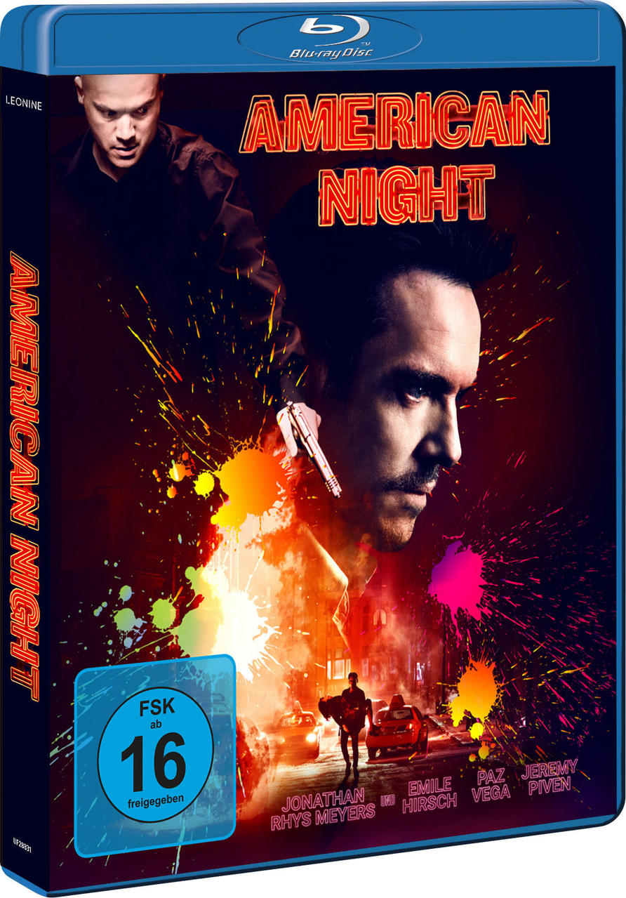 Filmcover mit Schauspielern, Titel 'American Night' in Neon, Blu-ray Disc. Dunkle, actionreiche Szene.