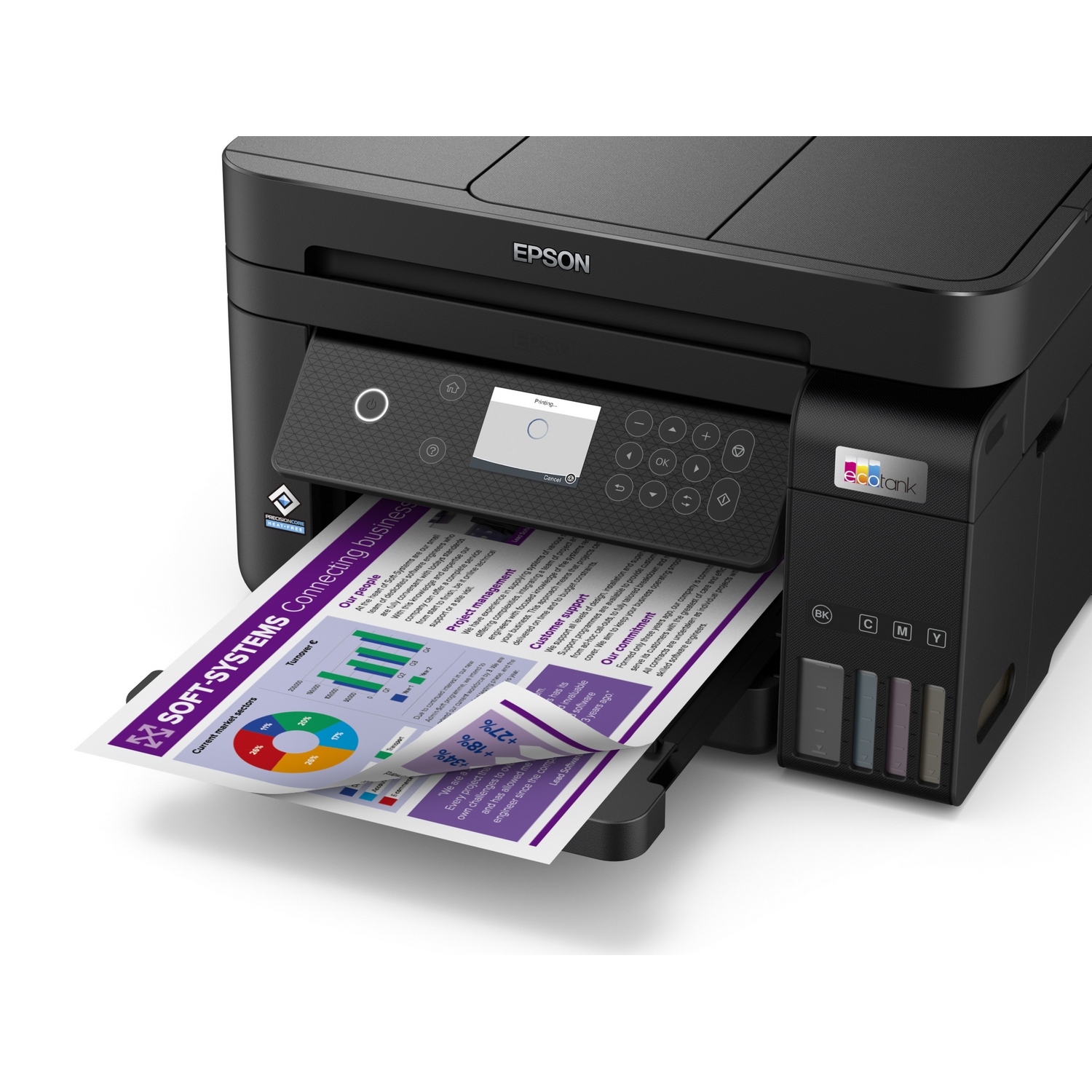 Impresora Epson imprimiendo un documento con gráficos y texto.