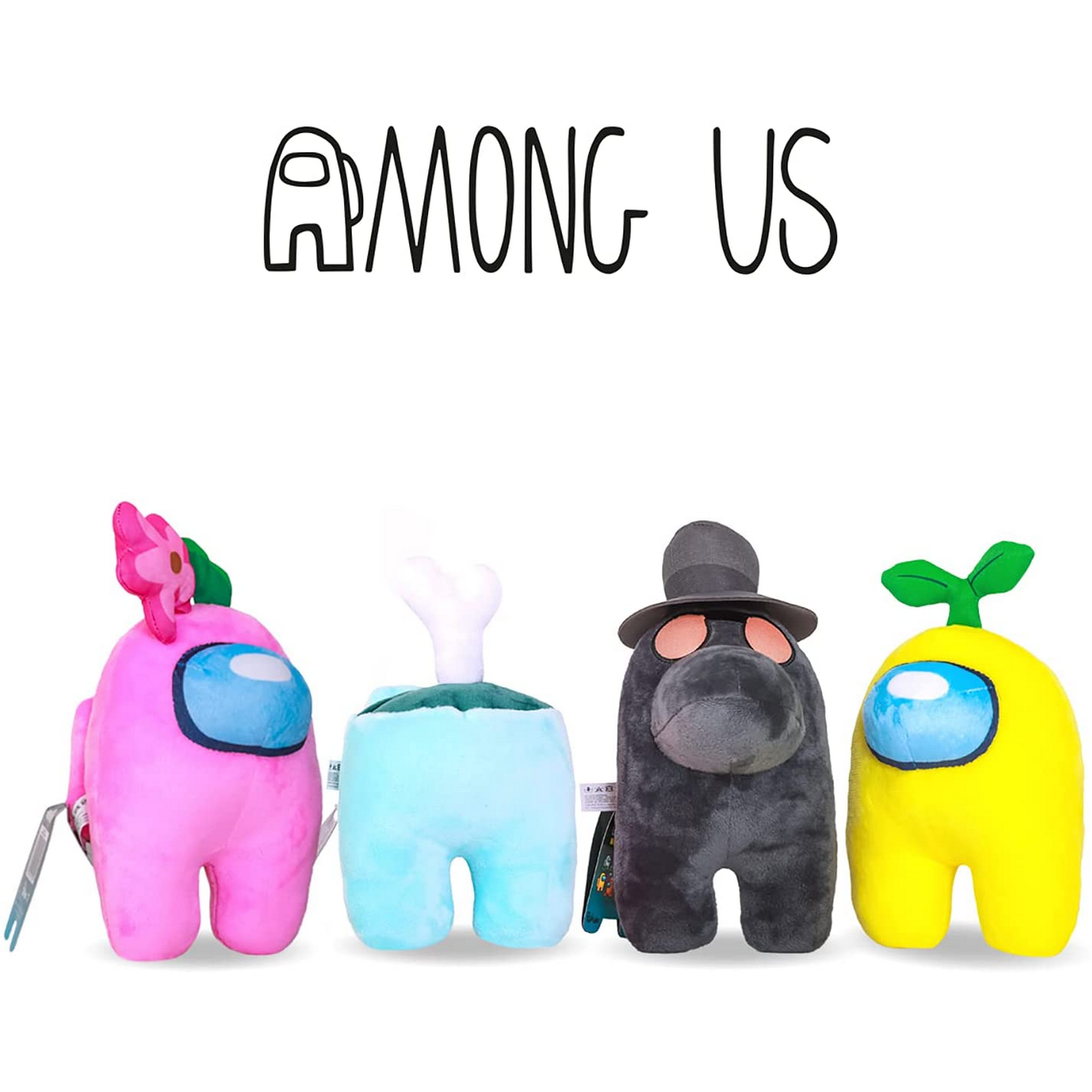 Cuatro peluches de Among Us con diferentes colores y sombreros. Las palabras Among Us están arriba.