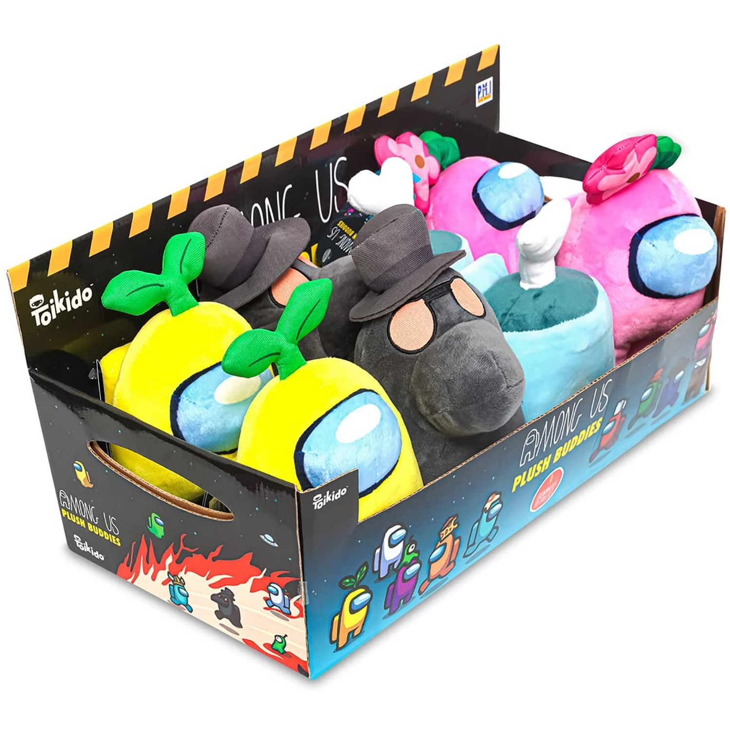 Caja con peluches Among Us. Varios colores, con sombreros o accesorios. Exhibición en tienda.