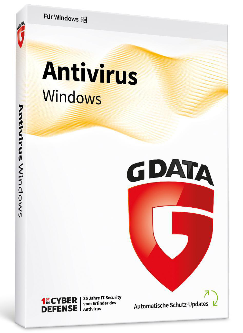 G DATA Antivirus Software-Box. Weißes und rotes Design. Text: Antivirus Windows.