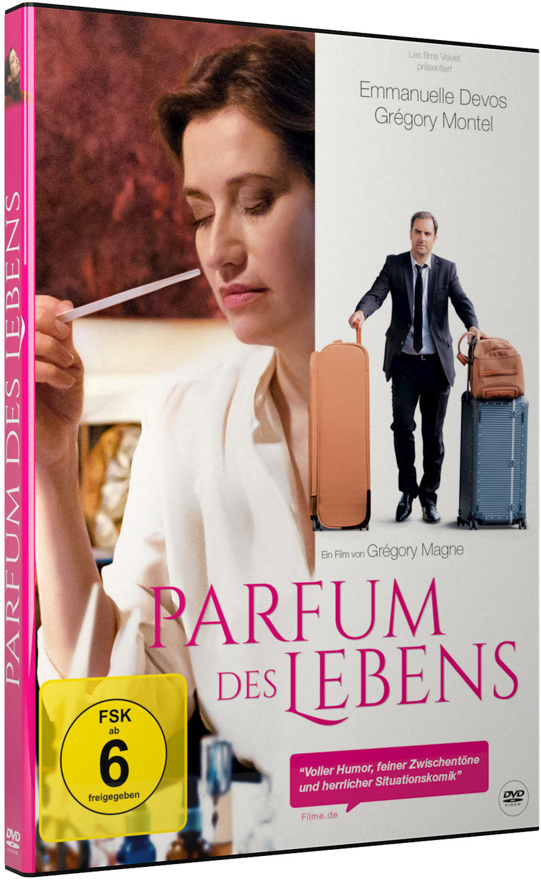 DVD-Cover für einen Film, Frau mit Parfüm und Mann mit Gepäck.