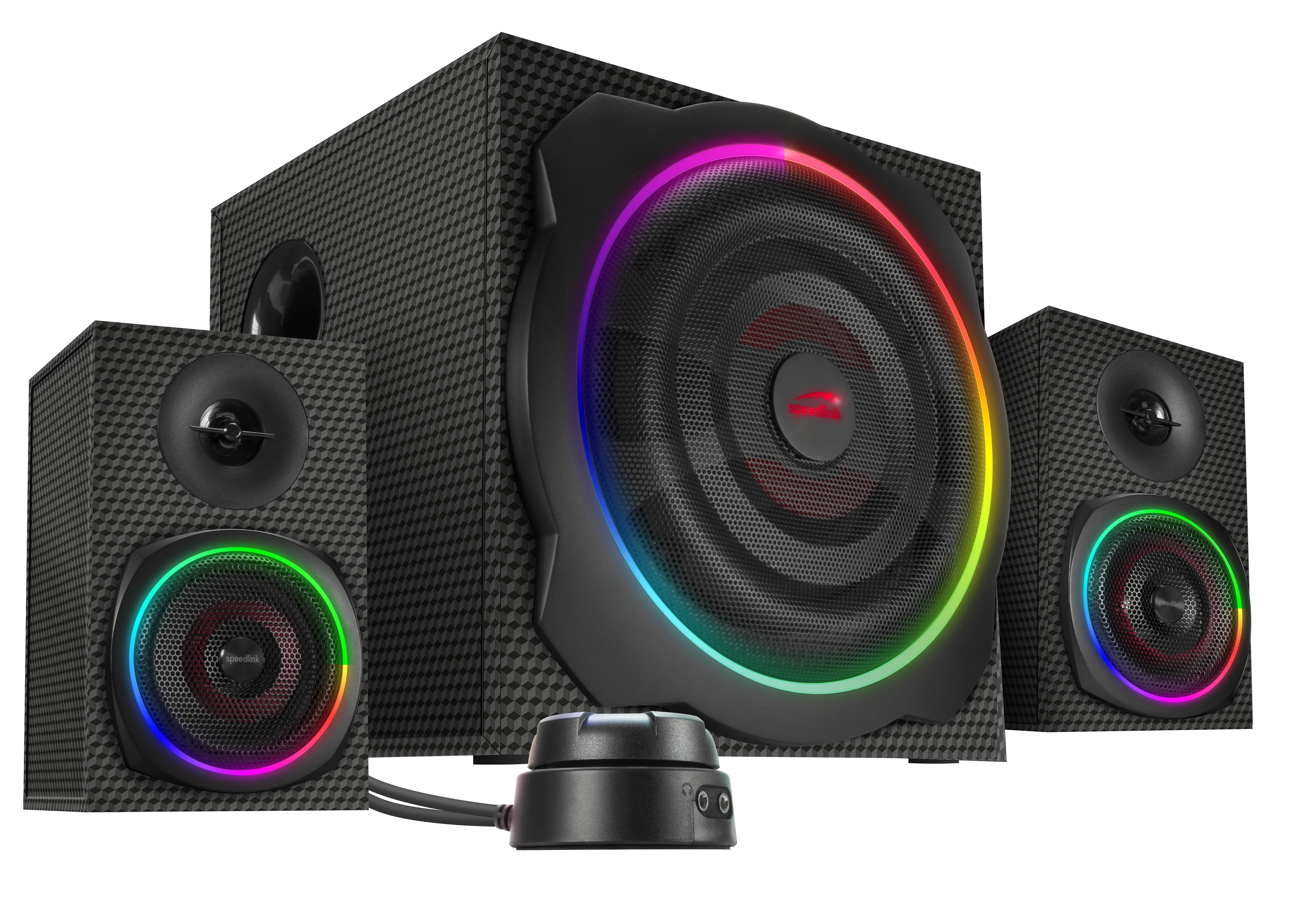 Schwarzes Lautsprechersystem mit Subwoofer und zwei Lautsprechern, alle mit RGB-Beleuchtung.