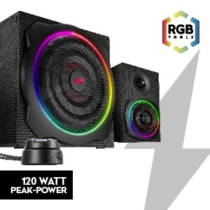 Zwei schwarze Lautsprecher mit RGB-Beleuchtung um die Lautsprecher und einem Bedienknopf. Text: '120 Watt Spitzenleistung'.