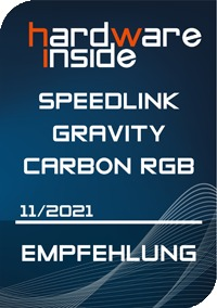 Ein Badge mit Text: "hardware inside", "SPEEDLINK", "GRAVITY CARBON RGB" und "11/2021".