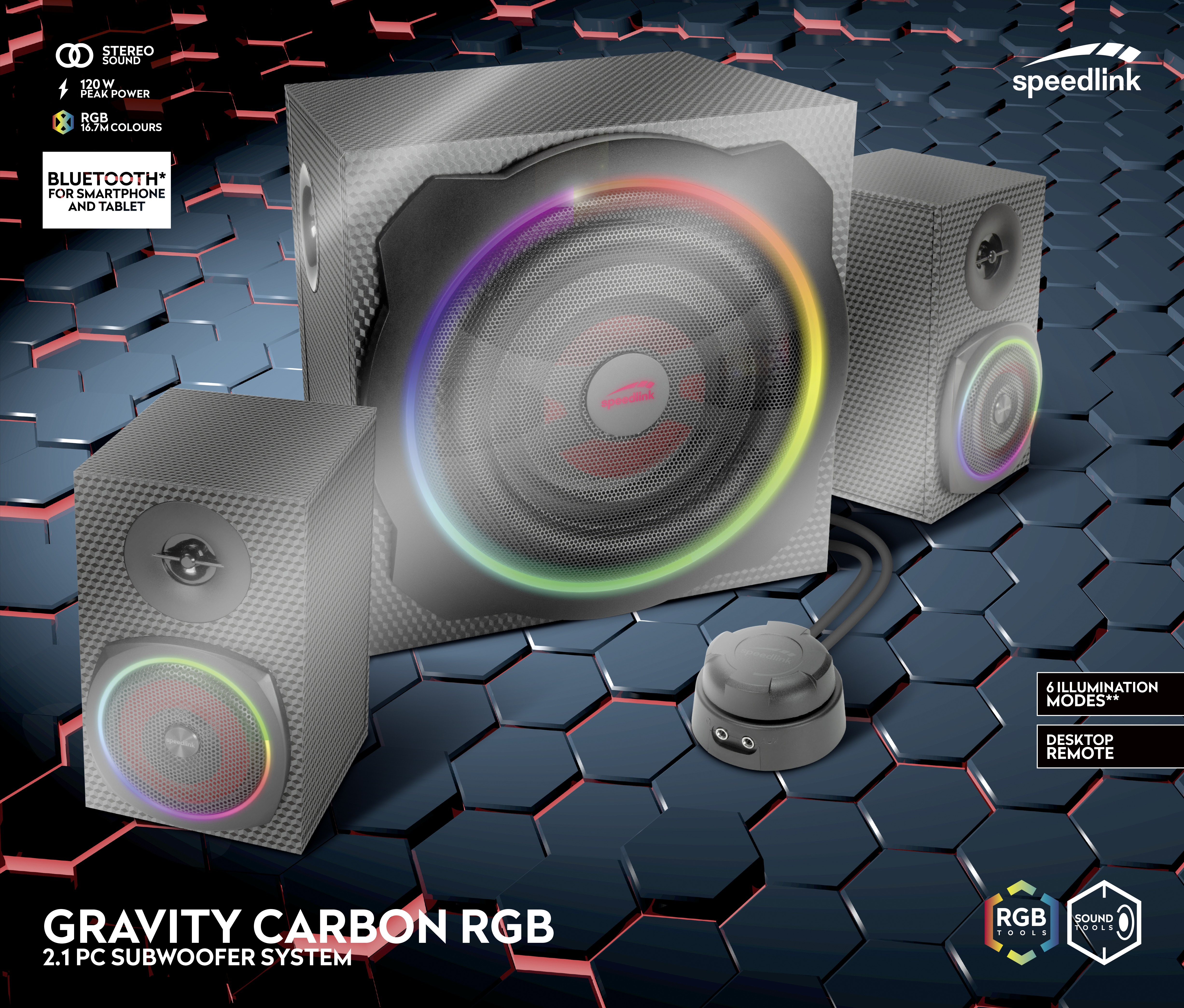 Schwarzes und graues Lautsprechersystem mit Subwoofer und zwei Satellitenlautsprechern. RGB-Beleuchtung und Fernbedienung.