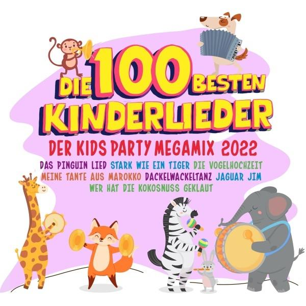 Bunter Cartoon mit Tieren. Titel: 100 beste Kinderlieder. Tiere spielen Instrumente.
