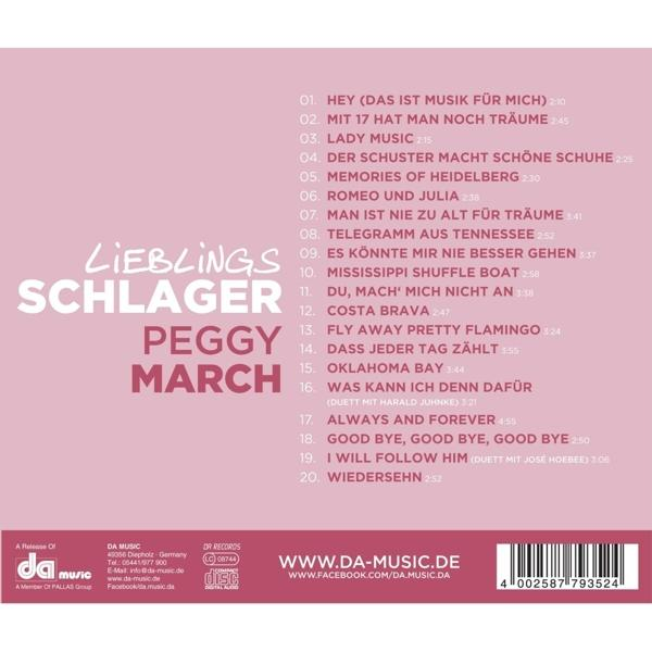 CD-Cover mit Songtiteln und dem Namen 'Peggy March'. Text ist auf Deutsch, mit DA Music Logo.