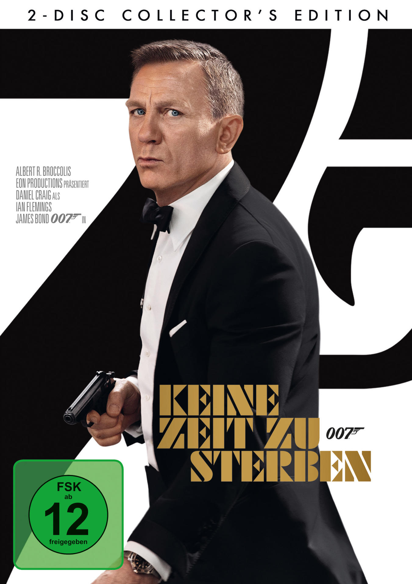 DVD-Cover des Films Keine Zeit zu sterben. Daniel Craig im Smoking. Schwarz-Weiß-Hintergrund.