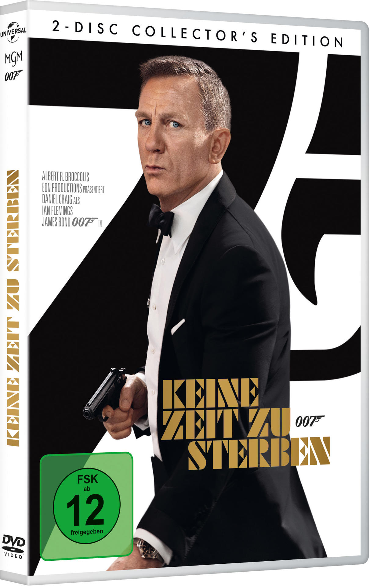 Ein James-Bond-Filmcover. Daniel Craig im Anzug, mit einer Pistole. Der Titel ist 'Keine Zeit zu sterben'.