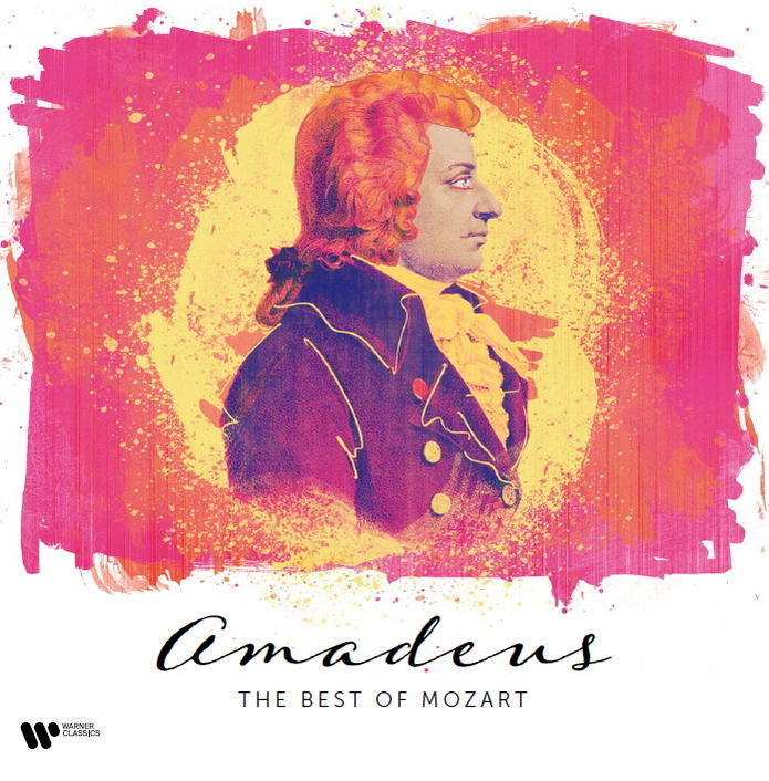 Amadeus album borítója. Mozart portréja színes, absztrakt háttérrel.