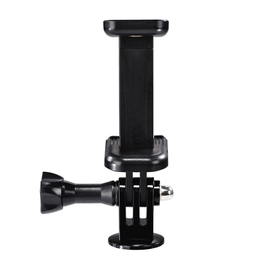 Siyah telefon tutucu ve kamera montajı. Tripod vidası ve kolu görünür.