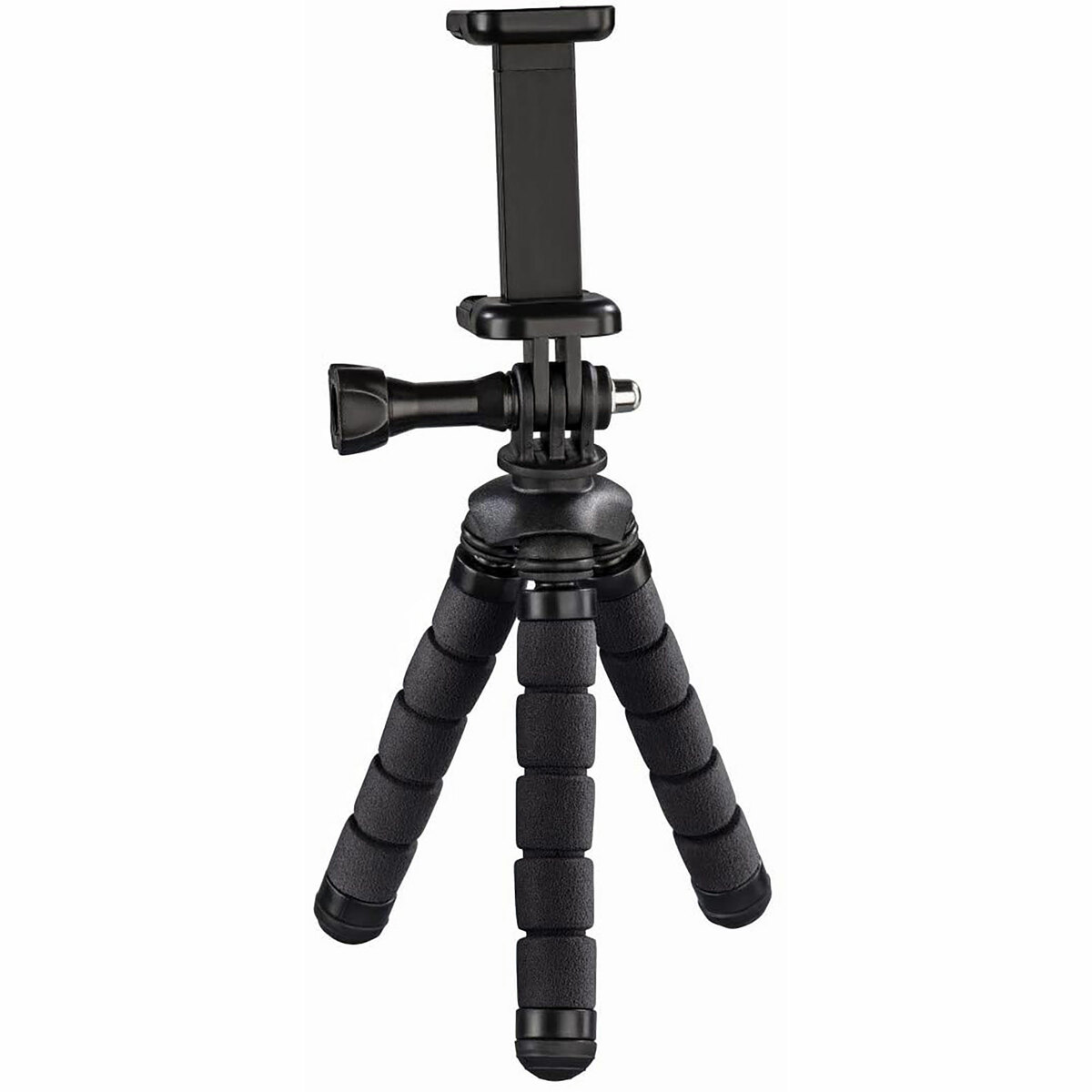 Üç ayaklı mini tripod. Bir telefon tutucusu ve GoPro bağlantısı var.