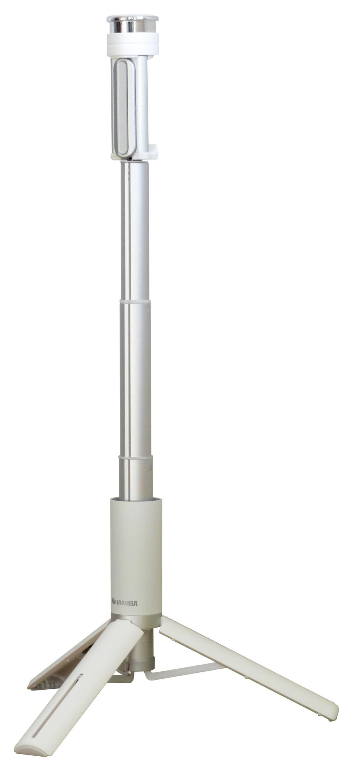 Ein silbernes und weißes Selfie-Stick-Stativ wird vor weißem Hintergrund angezeigt.