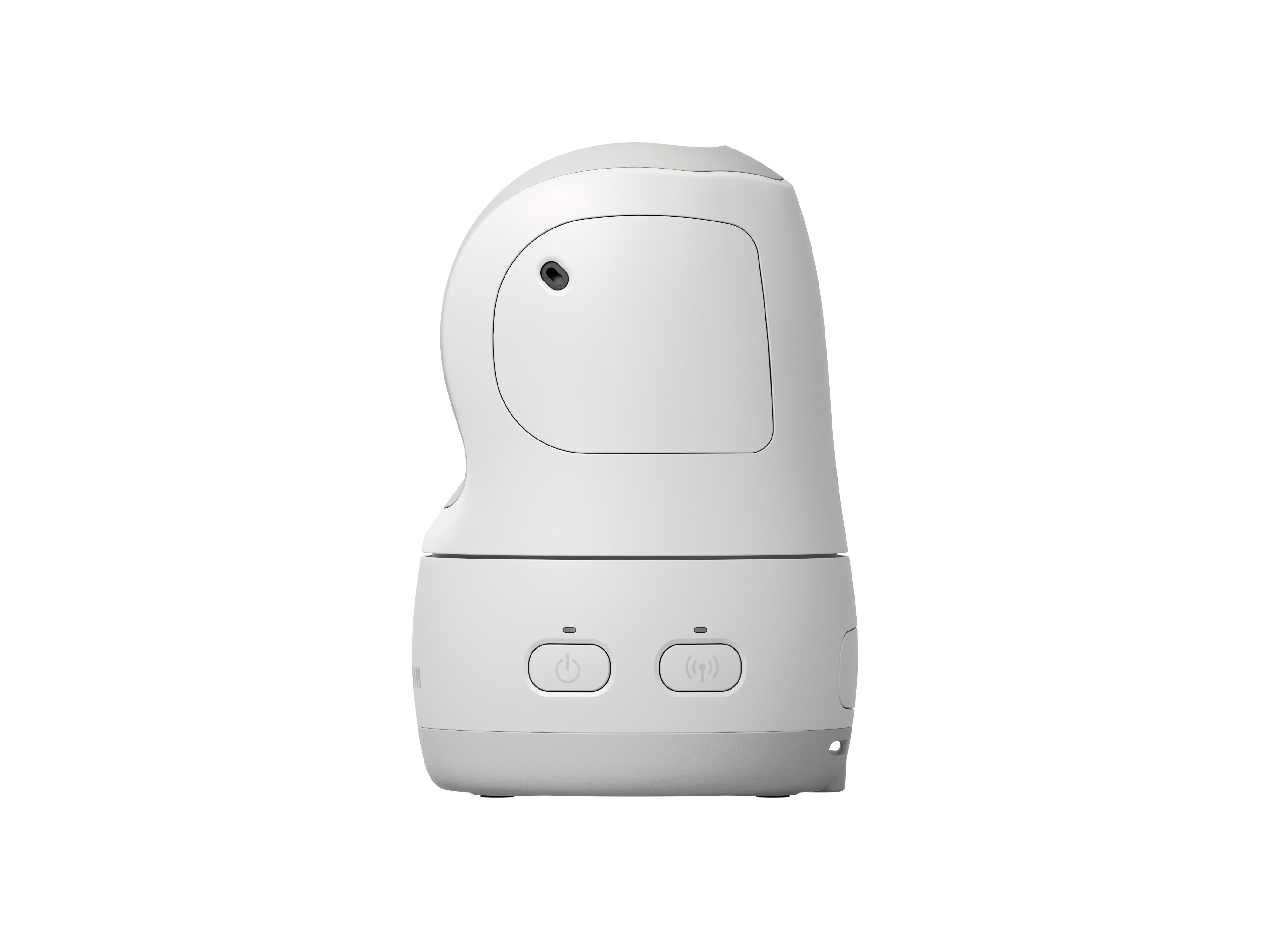 Weißer Babyphone mit Knöpfen und einem Kameraobjektiv an der Seite.