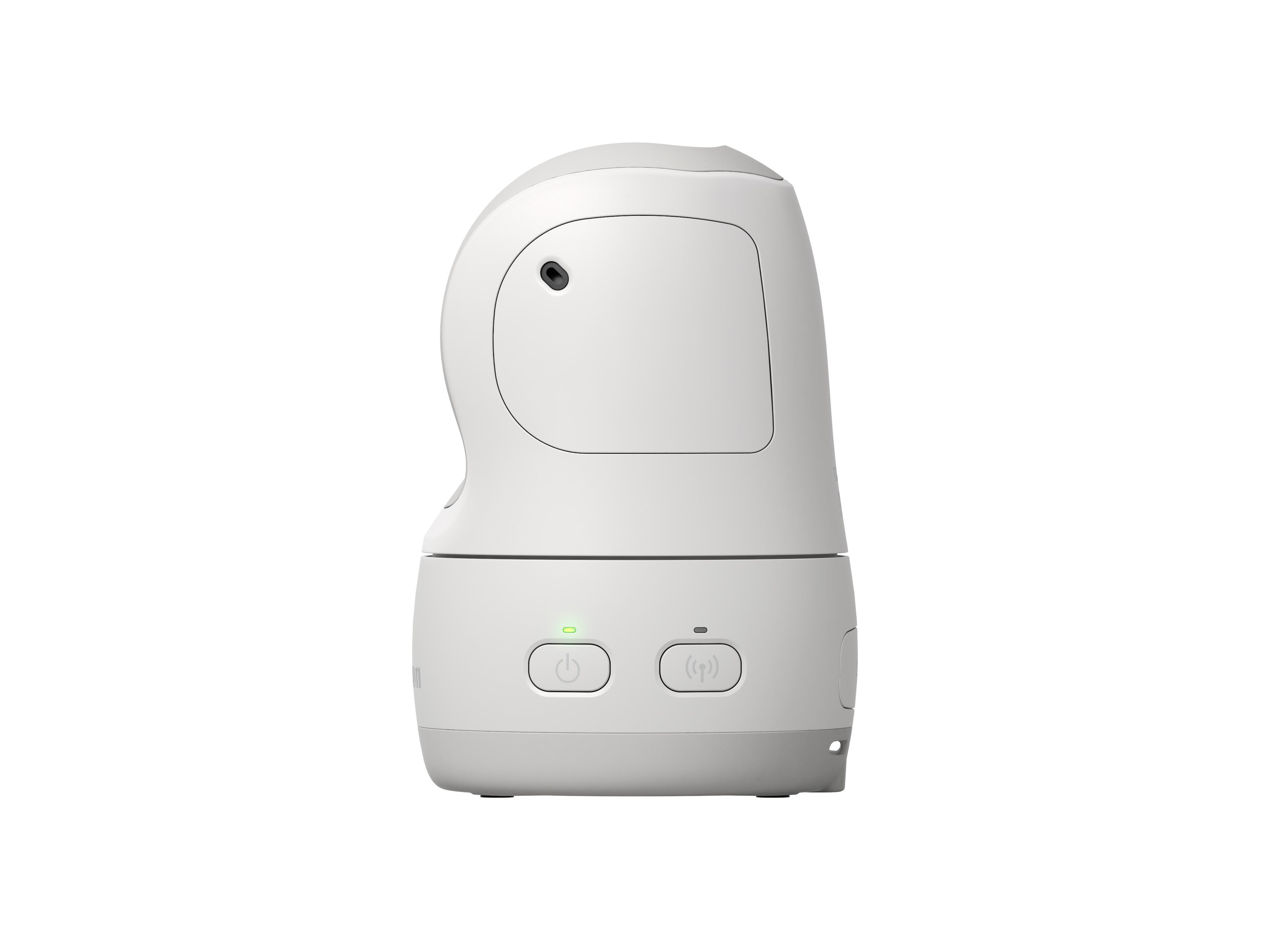 Ein weißer Babyphone mit einem Ein-Aus-Knopf und einem Verbindungsknopf.