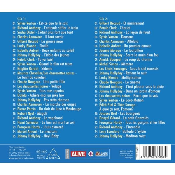 Ein weißes Album mit zwei Listen französischer Songtitel mit Credits und Logos.
