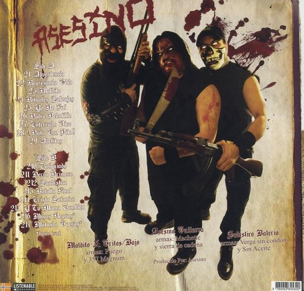 Albumcover mit drei maskierten Personen, die Waffen halten. Blutspritzer sind sichtbar.