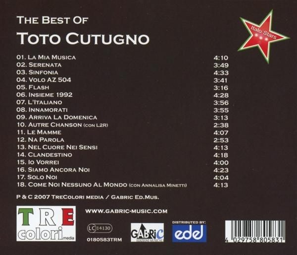 Rückseite der CD-Hülle von 'The Best Of Toto Cutugno'. Die Titelliste ist sichtbar, mit einem Trecolori Media-Logo.