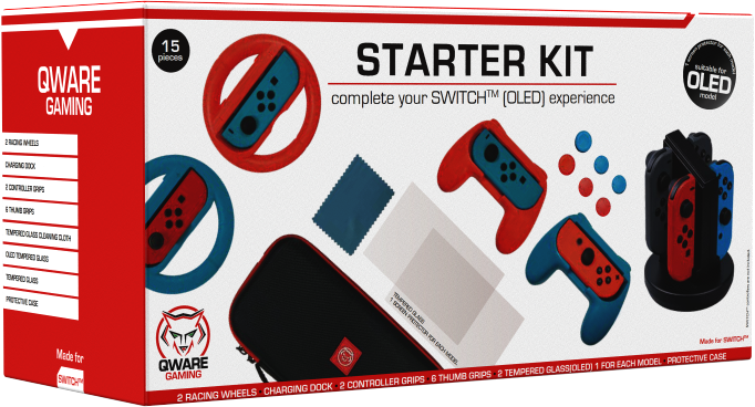 Kit de démarrage pour Nintendo Switch OLED. Comprend des volants, des poignées de manette, des protecteurs d'écran, etc.