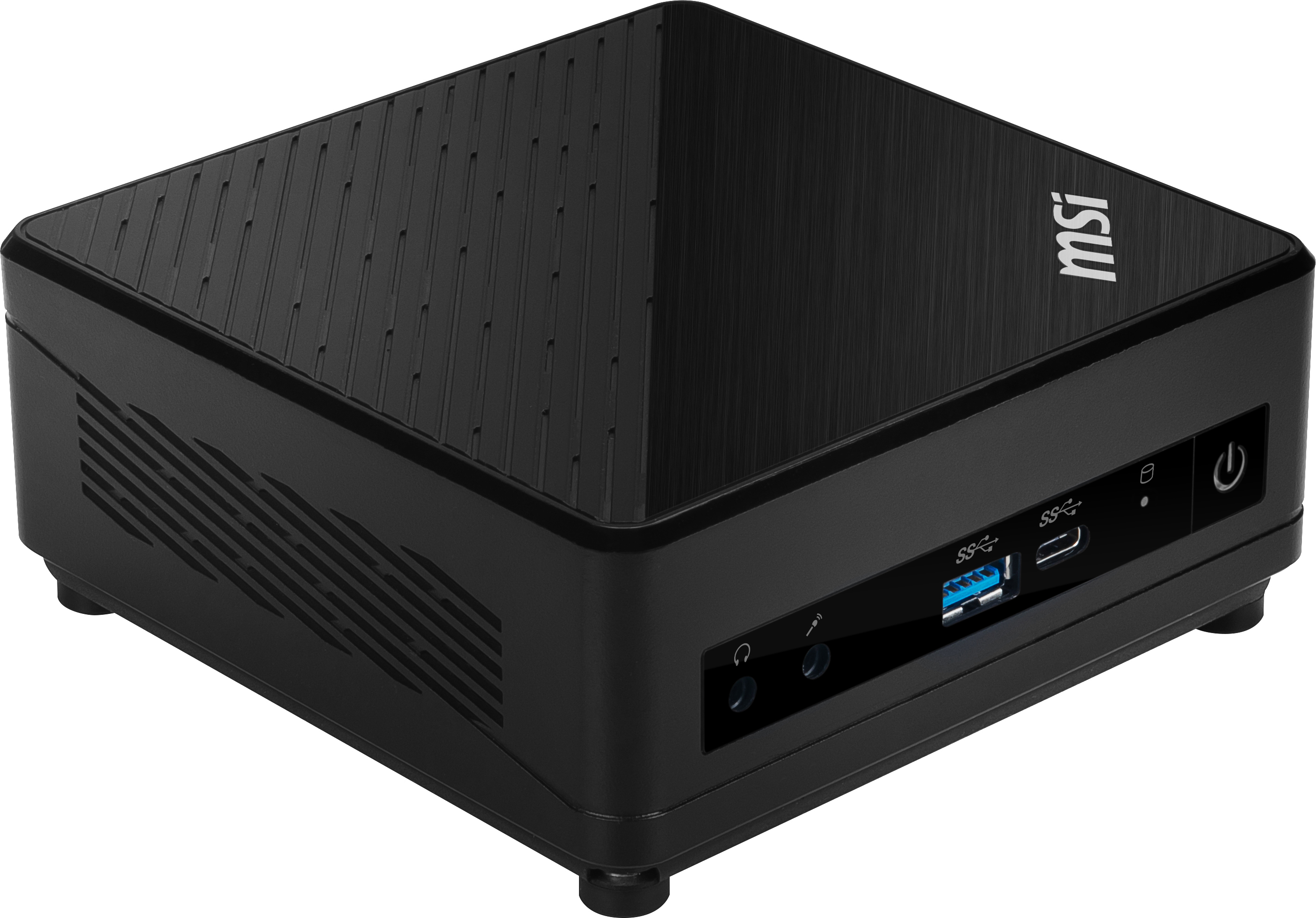 Ein schwarzer MSI Mini-PC mit Anschlüssen und Einschaltknopf, Schrägansicht.