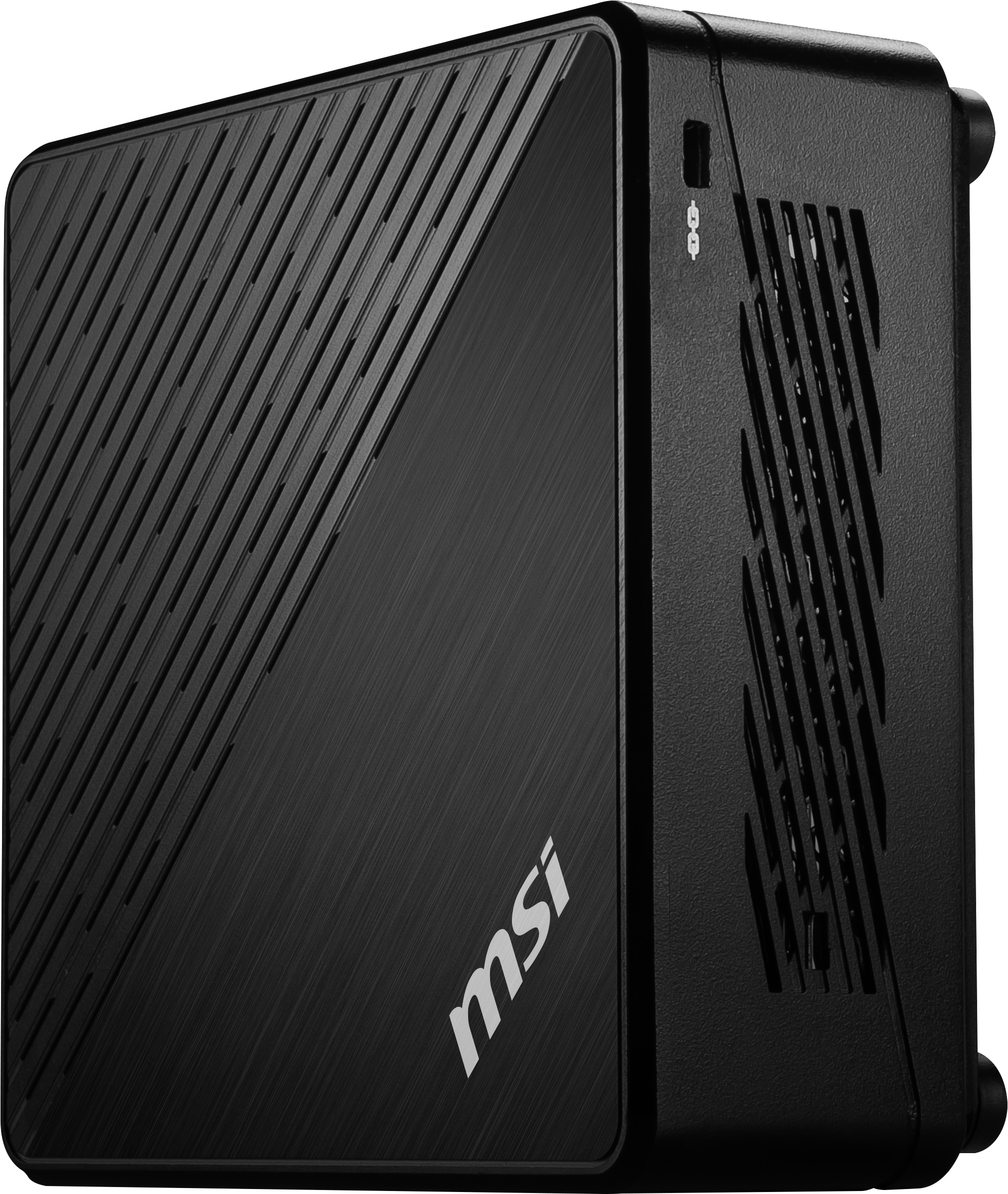 Schwarzer MSI Mini-PC mit schrägen Linien.