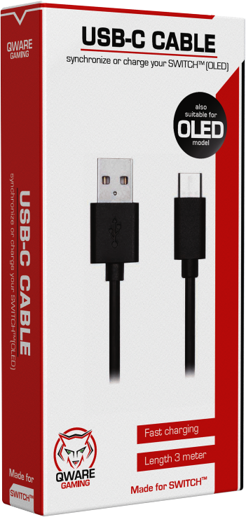 USB-C cable box. Black cable with USB-C and USB connectors. White background. The box has a red gaming logo.