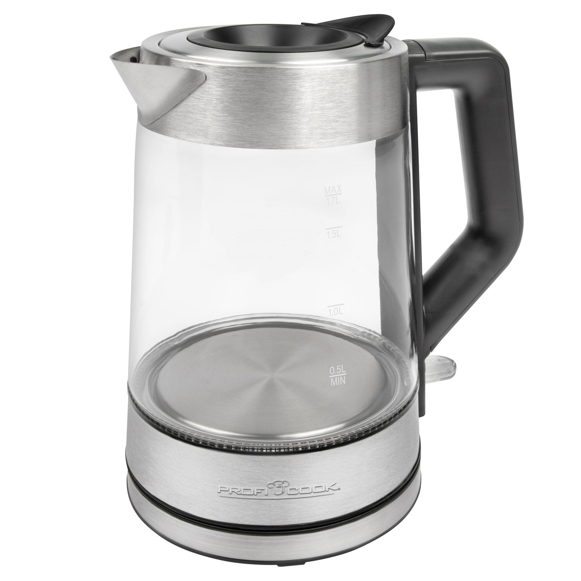 Elektrischer Wasserkocher aus klarem Glas mit Edelstahlfuß und schwarzem Griff.