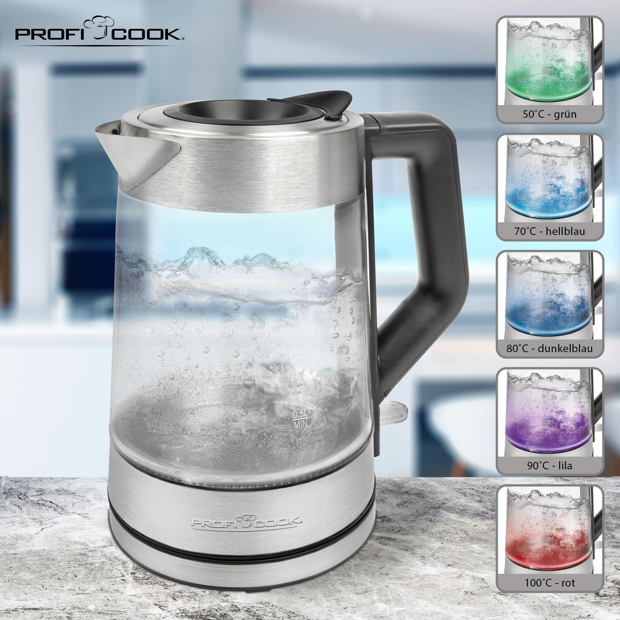Elektrischer Wasserkocher mit Glas, Edelstahlfuß und Temperaturanzeigen.