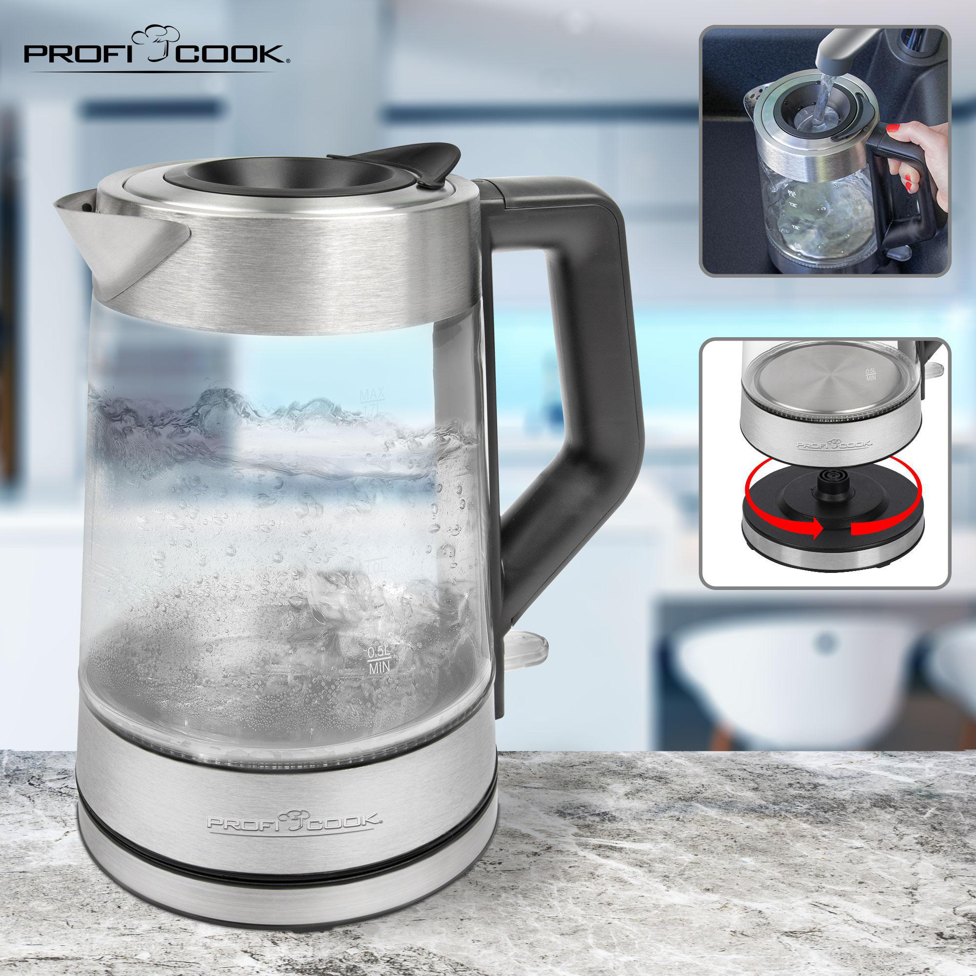 Profi Cook Wasserkocher mit Glas und Edelstahl. Wasser kocht.